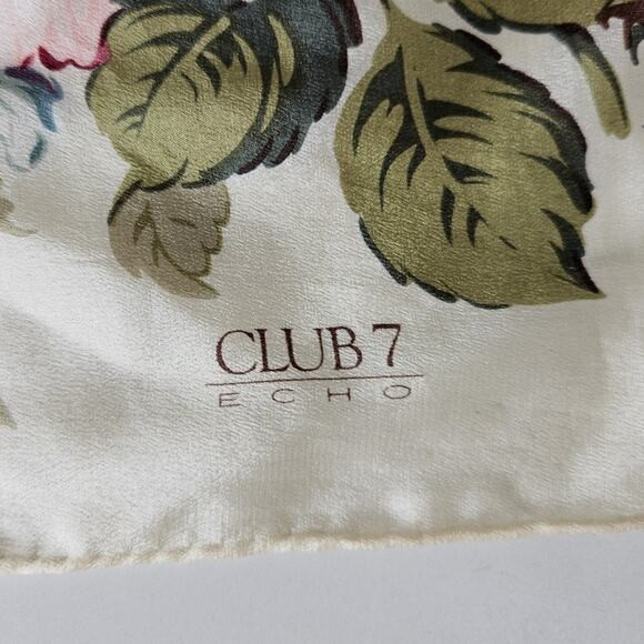 80s silk beige rose printed square scarf / 31in x 31in / club 7 echo Silk Scarf - Picture 2 of 3